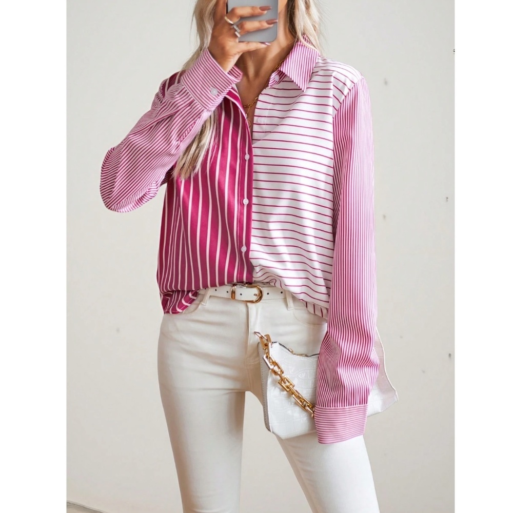 Striped Pink White Button Down Shirt Long Sleeve - Picture 5 of 7